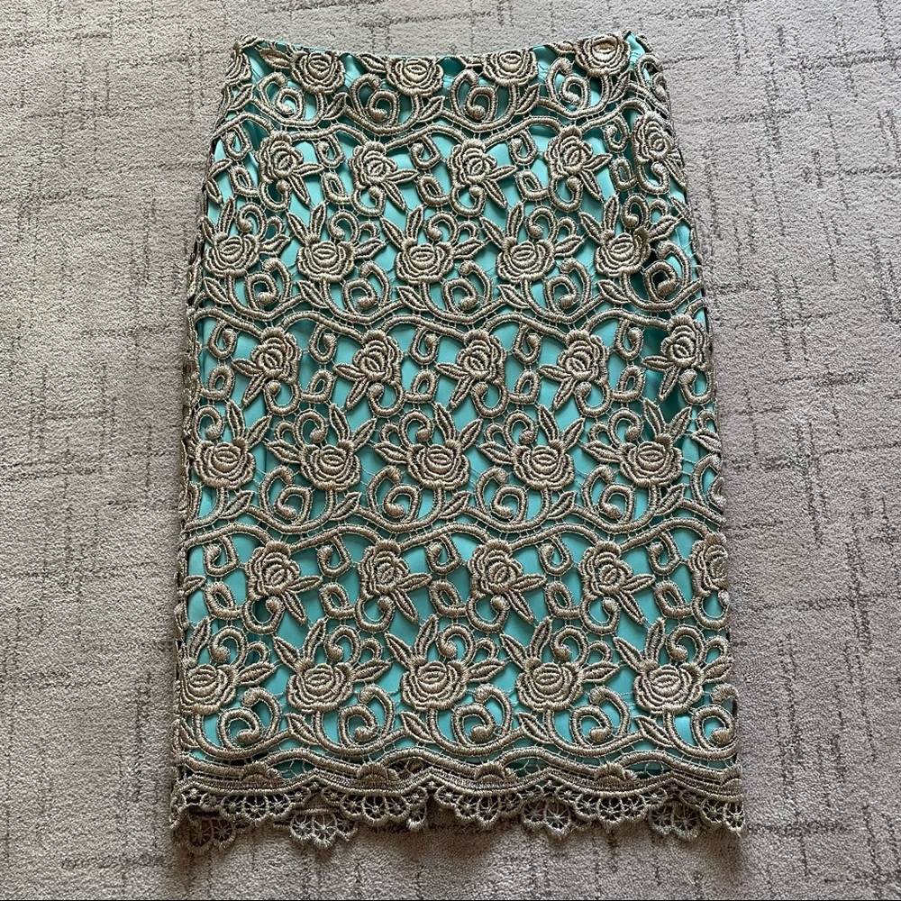 Julie Haus Pencil Skirt, Robin Egg Blue with Gold Floral Overlay, size 2
